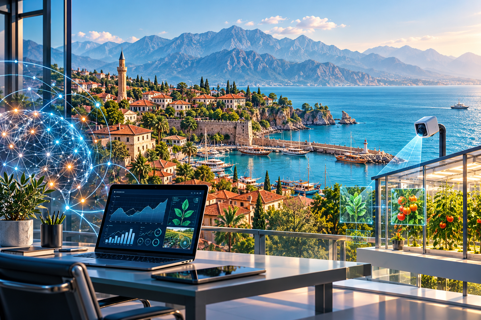Antalya Kaleiçi ve deniz manzarası önünde yapay zeka ağları, bilgisayar ve sera içeren teknoloji illüstrasyonu