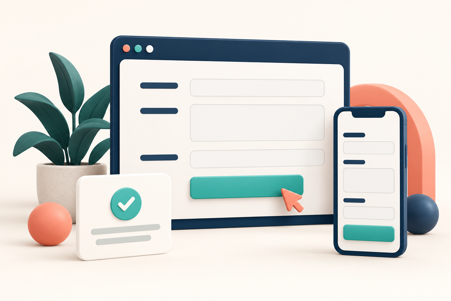 Bilgisayar ve telefon ekranlarında form alanları, gönderim düğmesi ve onay işareti bulunan teklif formu tasarımı illüstrasyonu