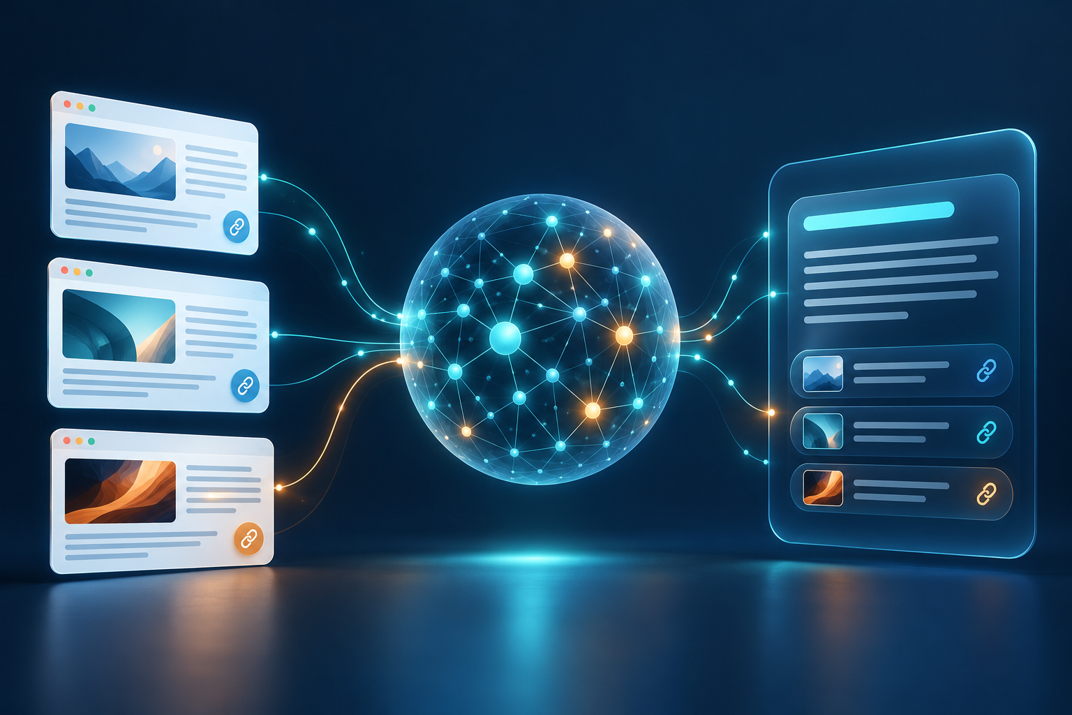 Web kaynaklarının yapay zekâ ağı üzerinden kaynak bağlantılı bir yanıta dönüşmesini gösteren GEO illüstrasyonu