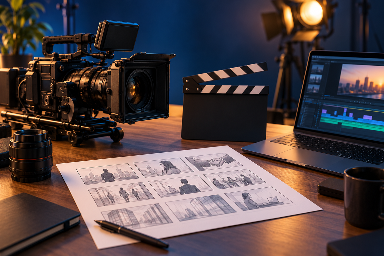 Kurumsal tanıtım filmi hazırlığı için kamera, sahne taslakları, klaket ve video kurgu ekranı bulunan çalışma masası.